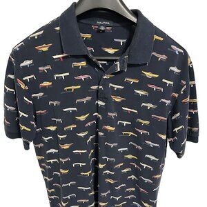 Vintage Nautica Polo Shirt Mens XXL Boats All Over Print Dark Blue Boating
